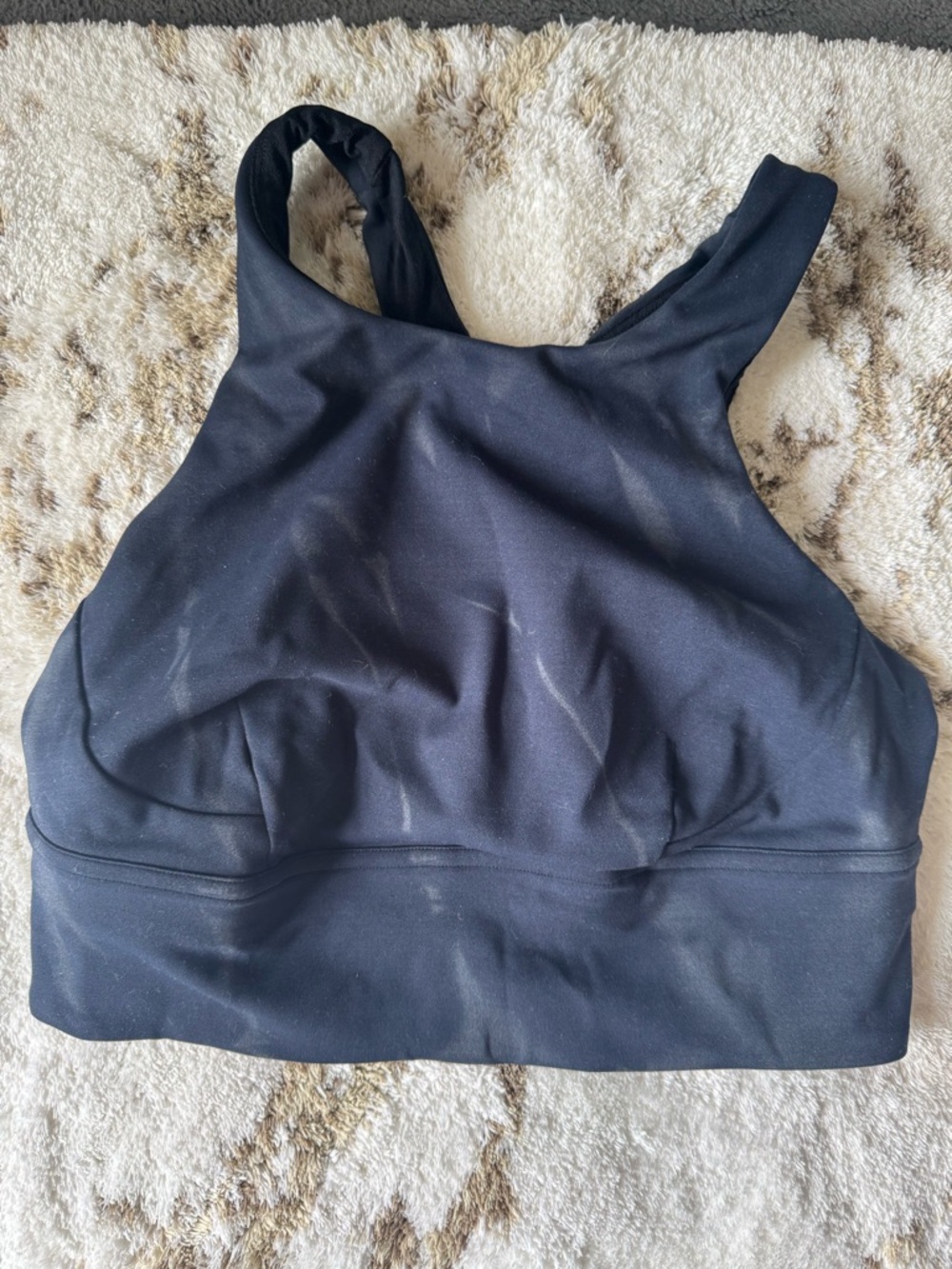 Lululemon High-Neck Navy longline sports bra with design. - Picture 2 of 3